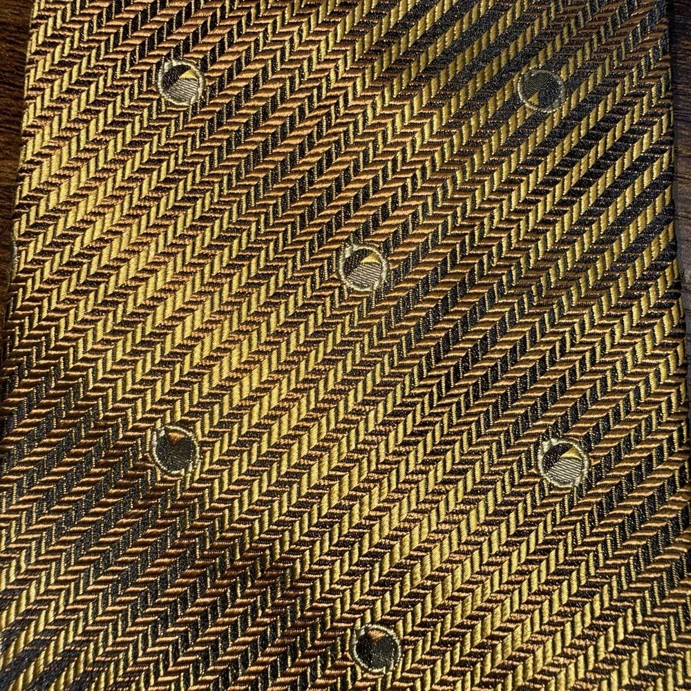 Mens Italian Silk Neck‎ Tie Gold Brown Black Herringbone Geometric